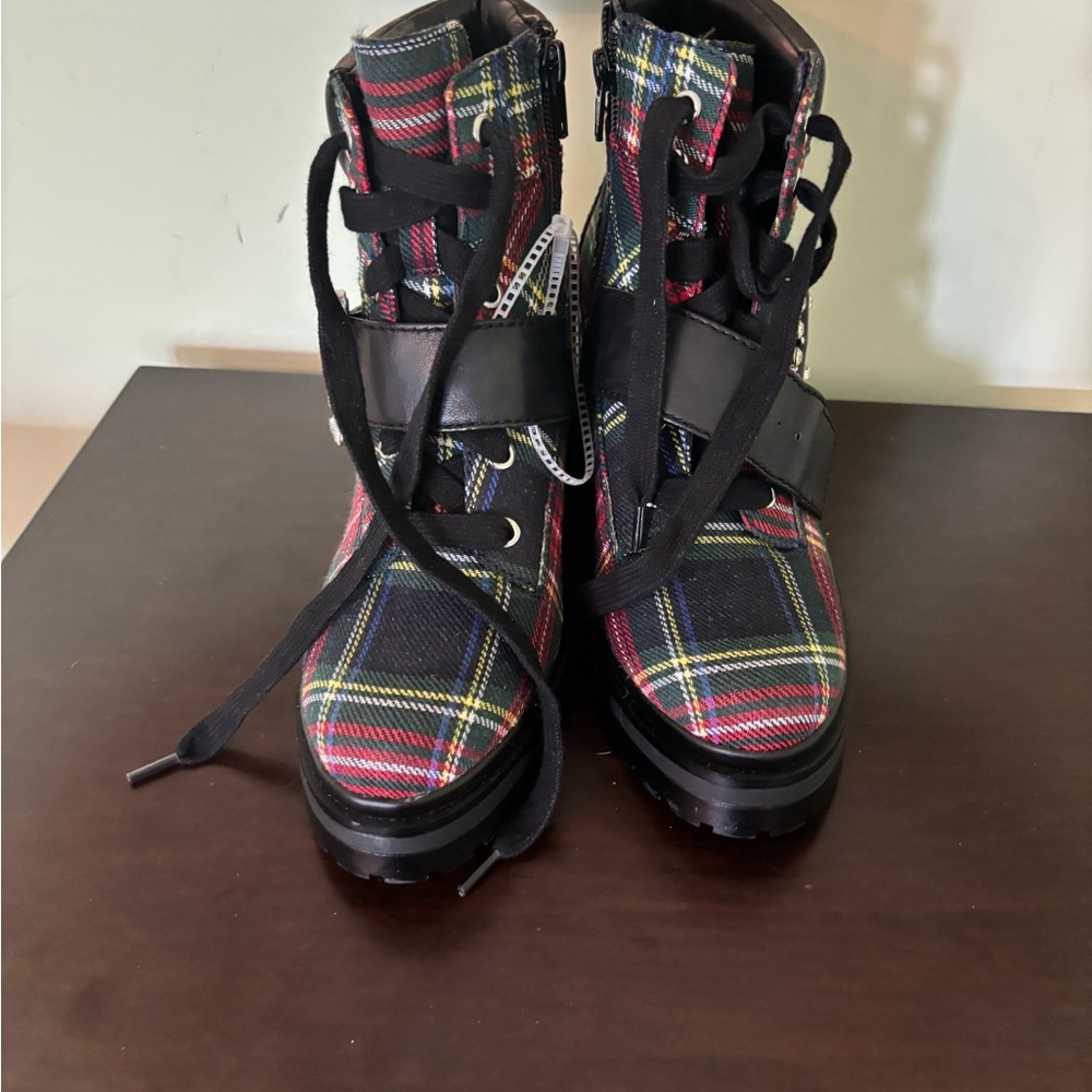 Plaid Lace-Up Boots with Black Straps